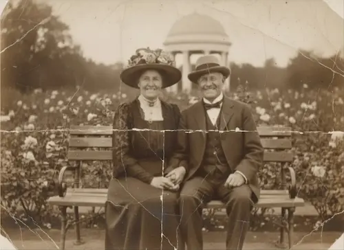 Before and after using AI photo restoration on an old family portrait.